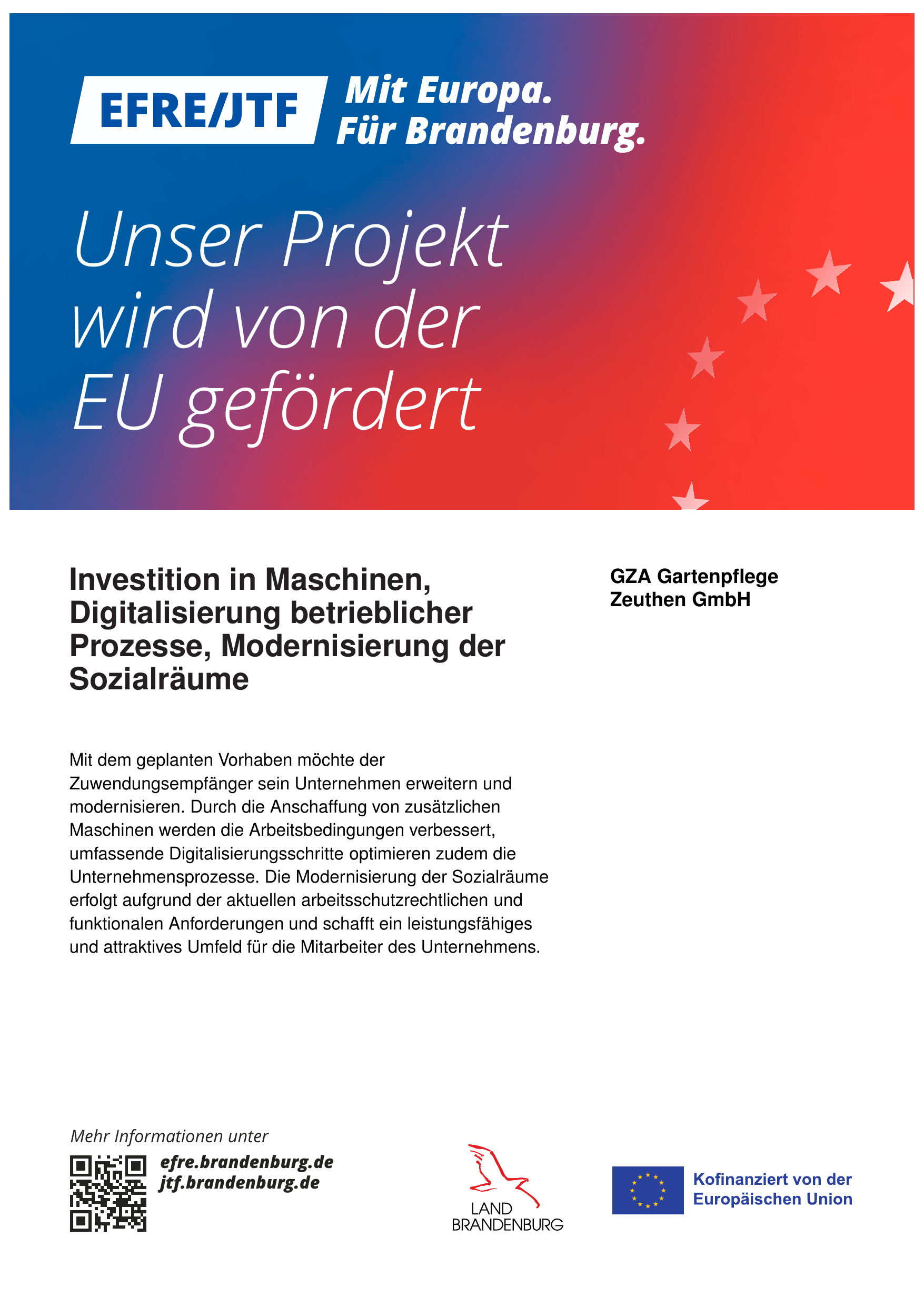EU-Förderplakat JTF 2021–2027 der GZA Gartenpflege Zeuthen GmbH